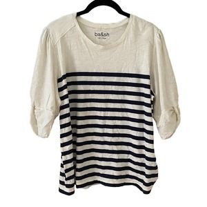 ba&sh Large Lady T-Shirt Puff Sleeve Cream Black Striped Top Blouse